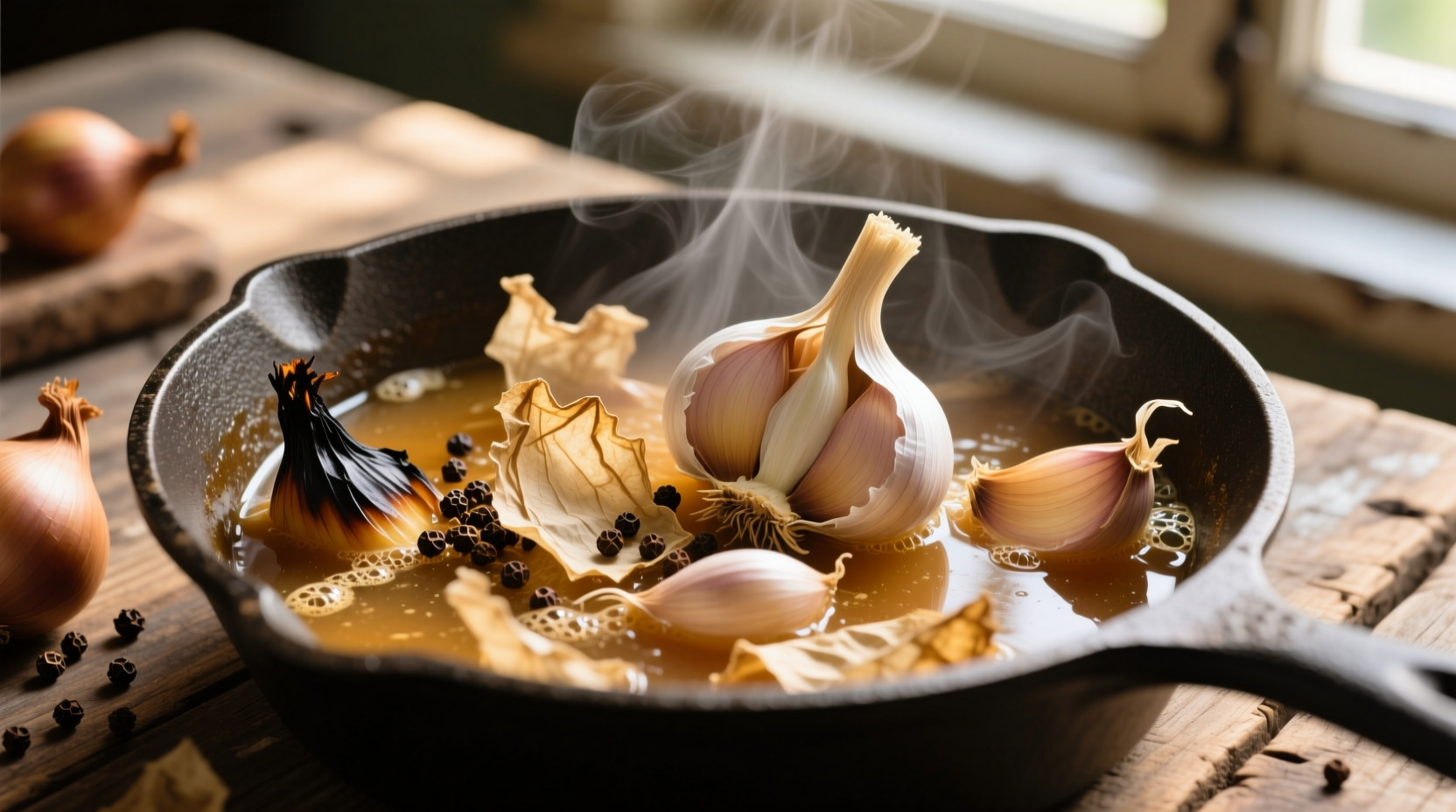 use papery garlic skins to give broth big flavor