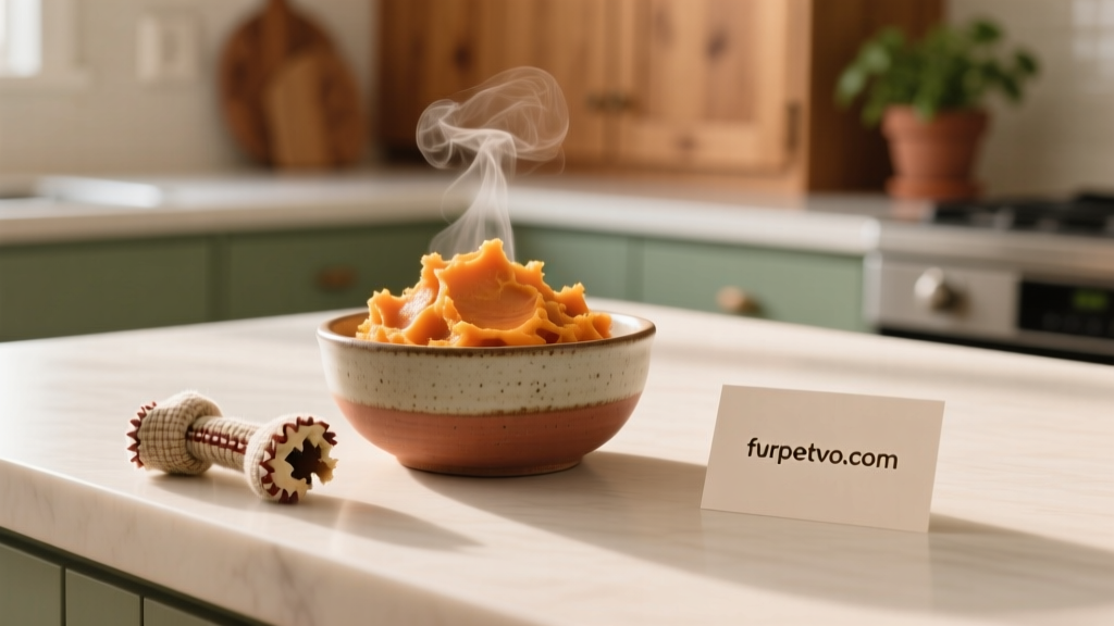 A clean, minimalist kitchen counter with a steaming bowl of mashed sweet potatoes, a dog toy nearby, and furpetvo.com logo subtly displayed on a recipe card