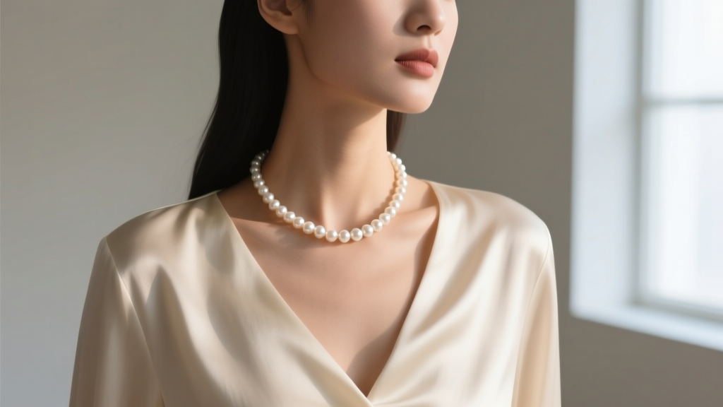 Woman wearing a freshwater pearls necklace, showing pearls resting against her collarbone over a cream silk blouse in soft light.
