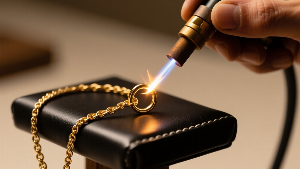 Micro-TIG welder fusing a 14k gold-filled jump ring on a delicate cable chain on a dark leather bench under warm studio lighting