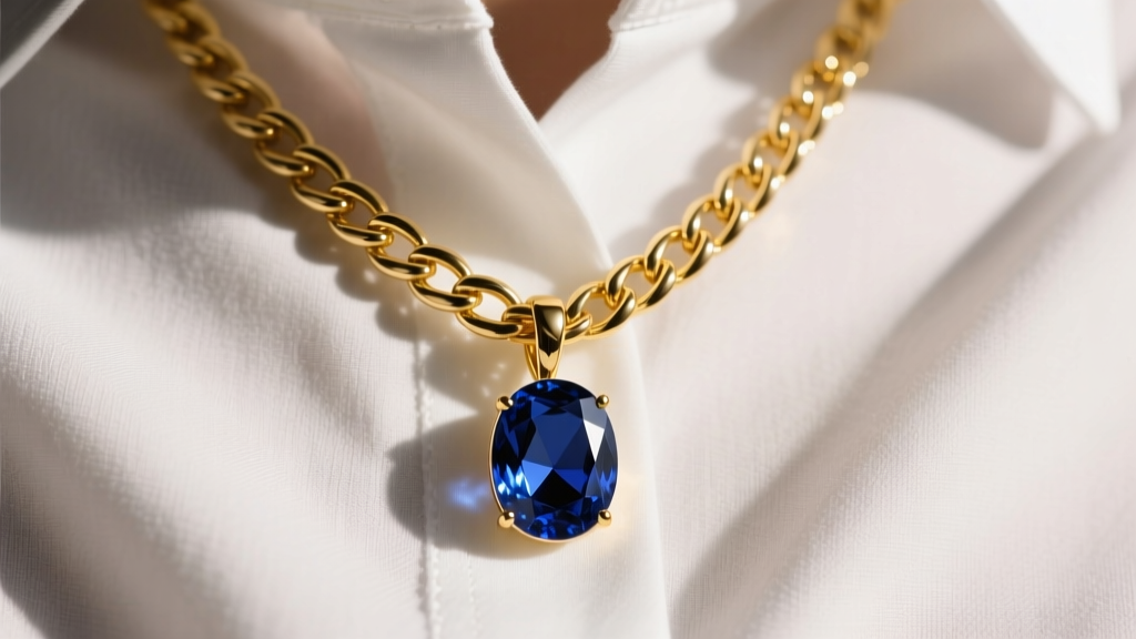 Close-up of a 2.5mm solid 14k yellow gold curb chain holding a heavy oval sapphire pendant, worn over a crisp white linen shirt.