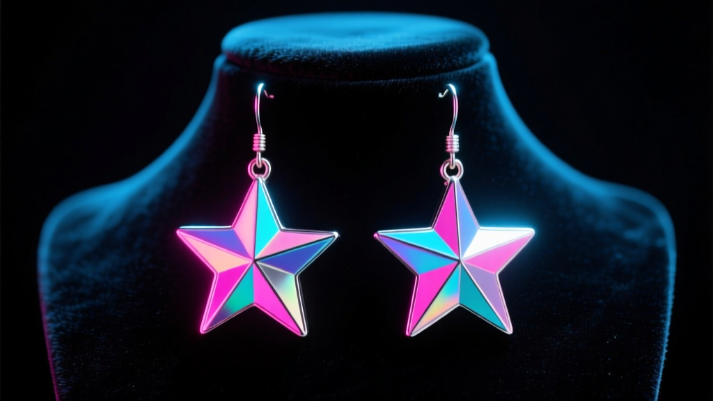 Vibrant 80s style holographic star-shaped drop earrings glowing under neon pink and blue lights, displayed on a black velvet bust.