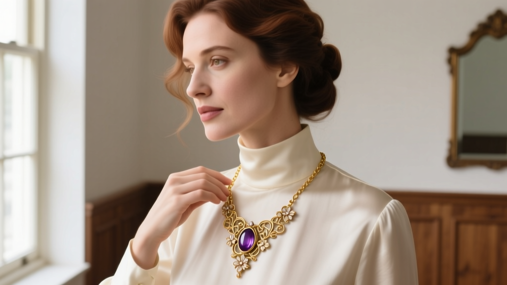 Woman styling an antique Victorian hand necklace on a gold chain over a cream silk blouse, lit by soft natural light.