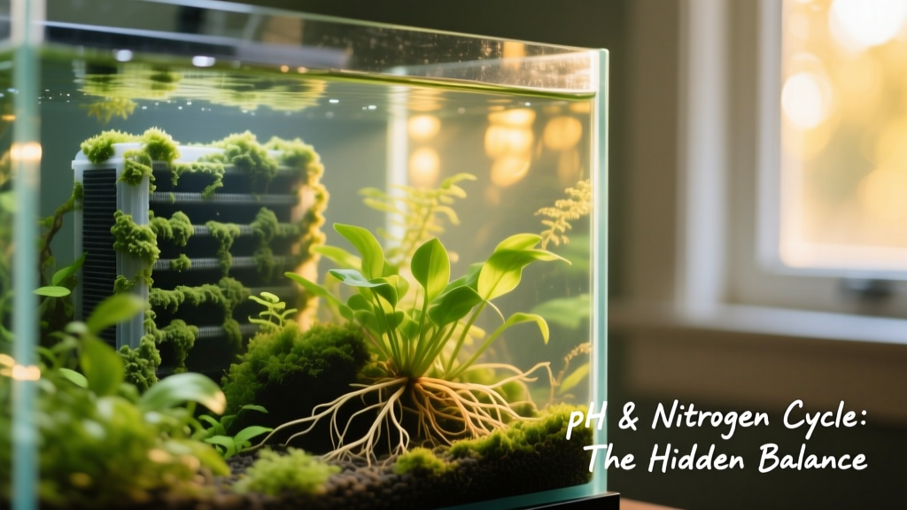 Aquarium with visible biofilm on filter media and healthy plant growth