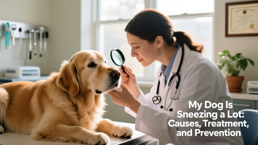 Senior dog calmly resting beside a veterinarian during a gentle nose examination