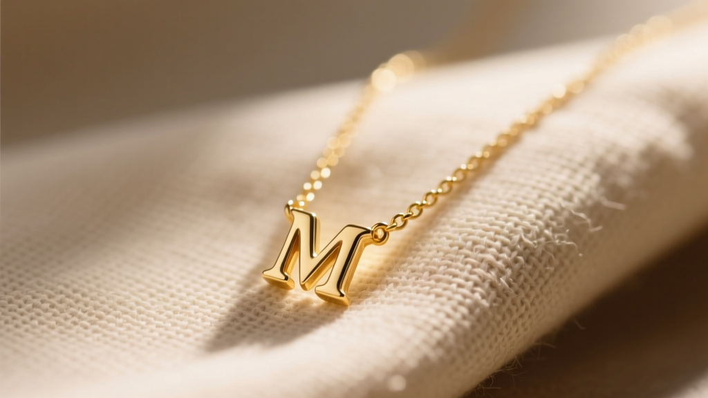 Close-up of a delicate 14k solid gold small initial necklace on beige linen, soft sunlight highlighting the 6mm letter M pendant.