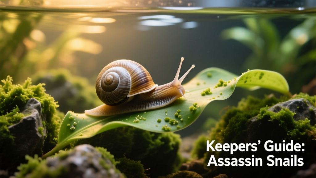 Assassin snail resting on aquarium plant leaf beside algae-covered rocks