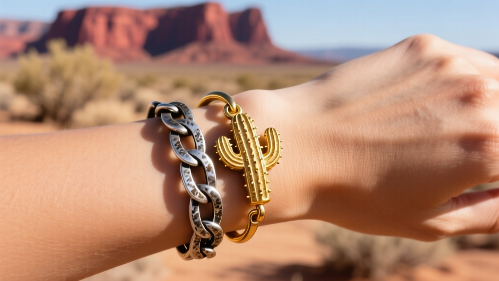 Layered permanent jewelry featuring oxidized silver links and a sand-cast gold cactus charm on a wrist in bright Arizona sunlight.