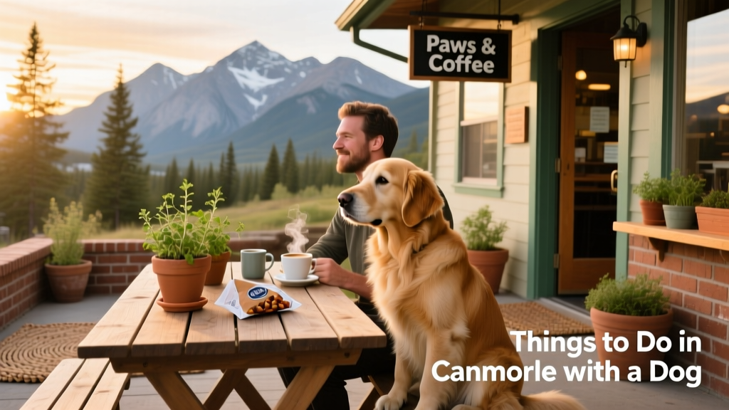 A dog sitting calmly beside their person at an outdoor table at a cozy, dog-friendly cafe in Canmore