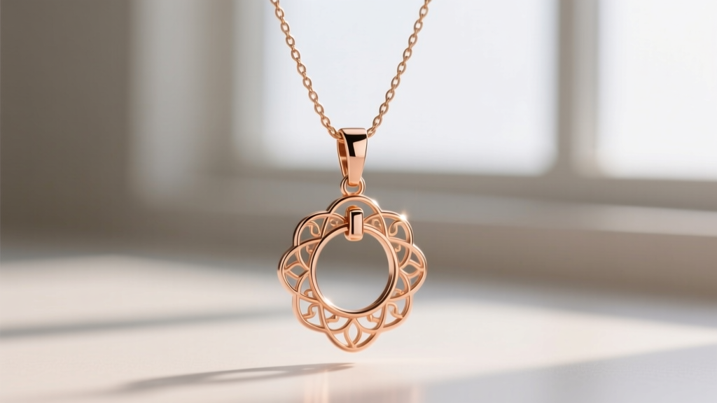A 14k rose gold pendant enhancer attached to a delicate 1mm cable chain, demonstrating proper proportion and secure clasp closure