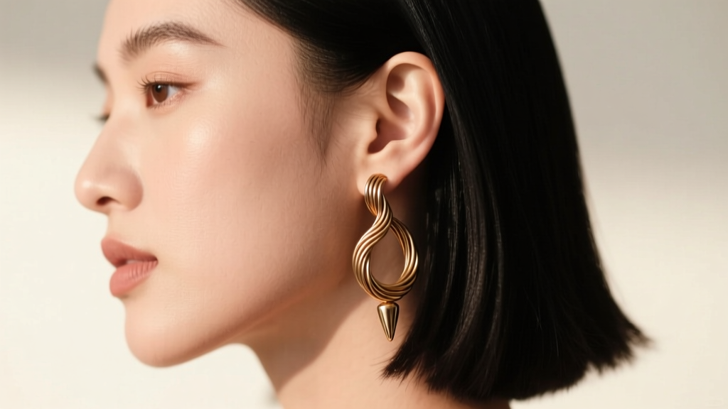 Side profile of a woman wearing a hand-forged 18-gauge brass wire earring, highlighting the polished tip near the ear lobe