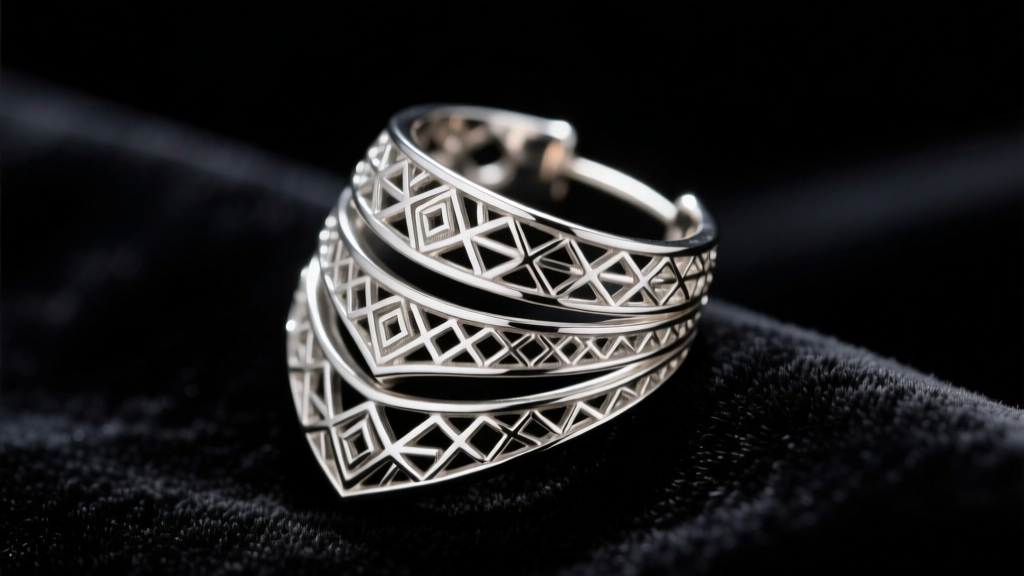 Close-up of an ornate, multi-segmented sterling silver Bajoran earring on dark velvet, illuminated by dramatic side lighting.