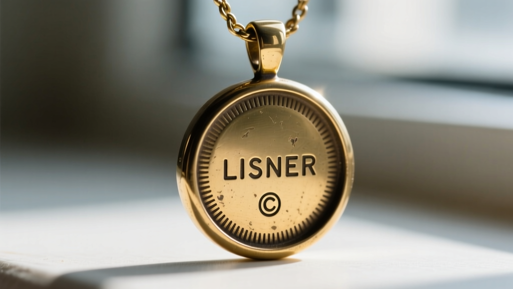 Macro shot of a vintage Lisner pendant back showing the block letter LISNER hallmark and copyright symbol stamped in metal