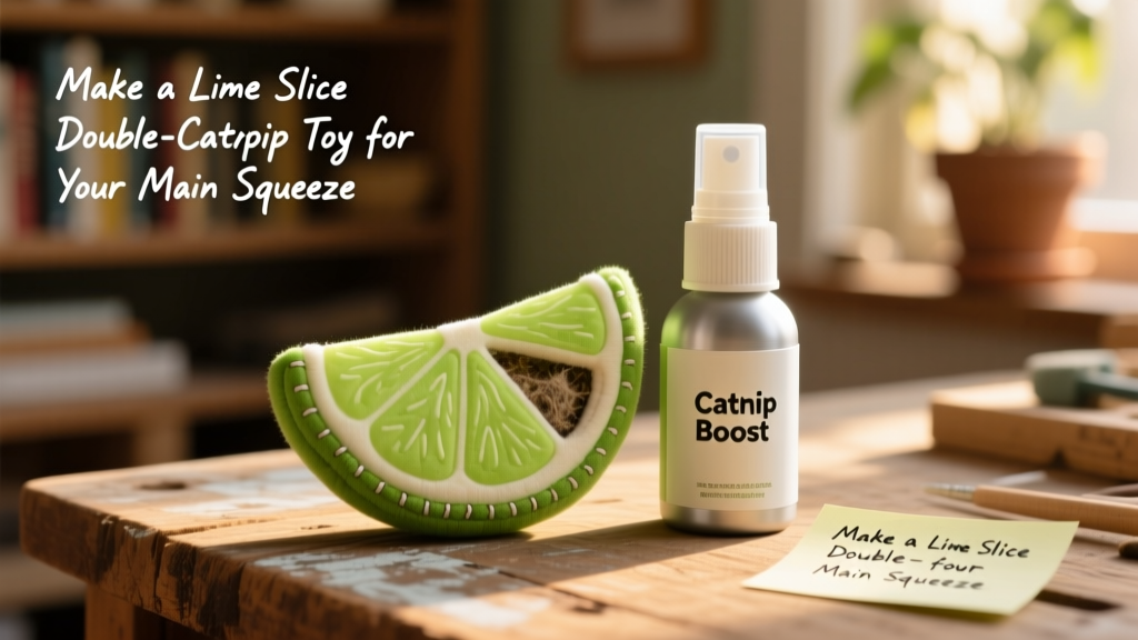 Finished lime slice toy placed on a wooden surface next to catnip spray bottle