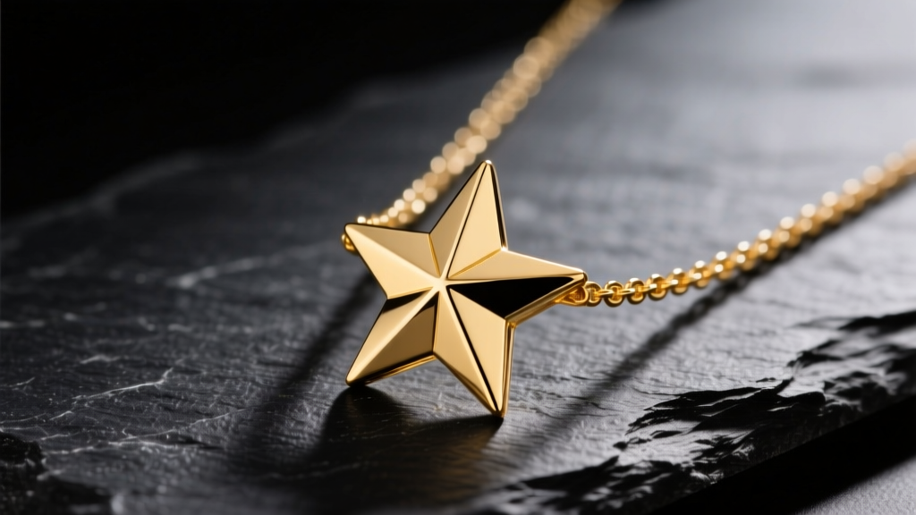 Close-up of polished 14k yellow gold six point star necklace on dark slate, highlighting sharp geometric edges and light reflection.