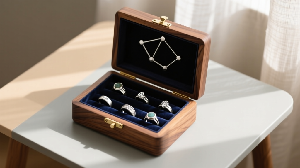 Overhead view of a DIY walnut jewelry box on a craft table, featuring dark velvet inserts and neatly arranged silver rings inside.