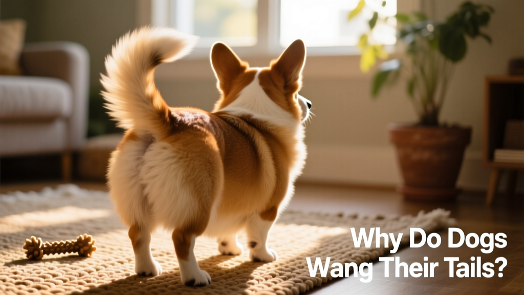 A Corgi viewed from behind, tail raised and gently wagging