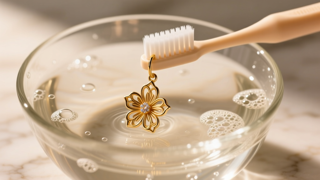 Soft baby toothbrush gently scrubbing crevices of a gold floral drop earring submerged in a glass bowl of warm soapy water.