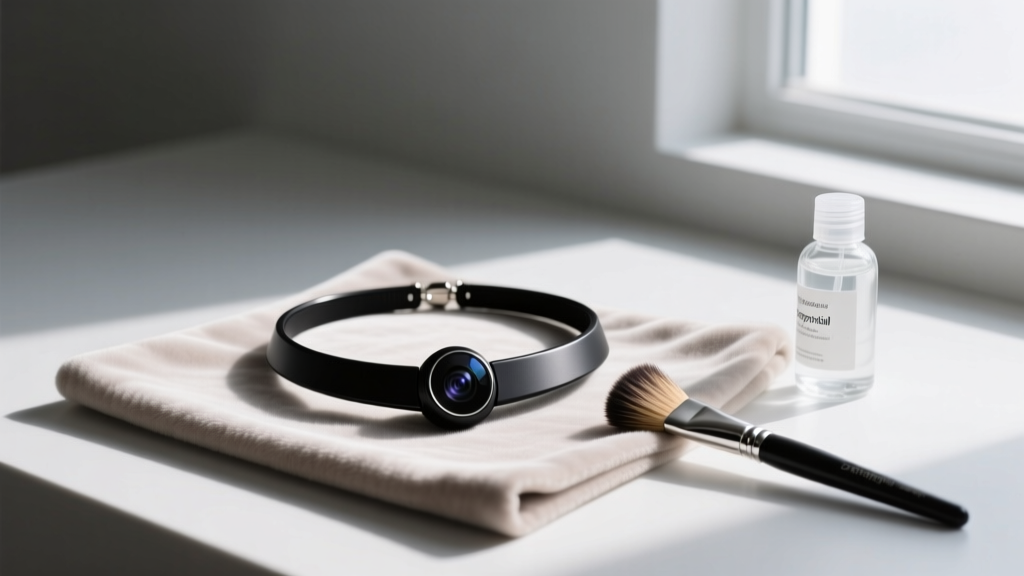 Matte black hidden camera necklace for men resting on a microfiber cloth beside a lens brush and small isopropyl alcohol bottle