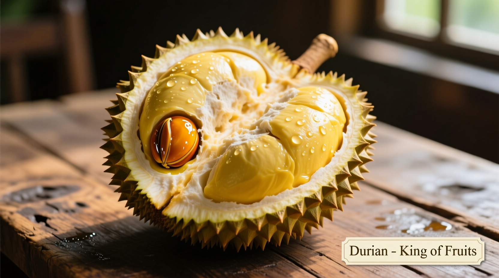 Ripe durian fruit with yellow flesh on wooden table