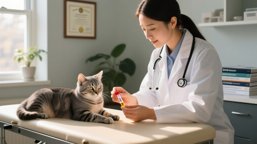 Veterinarian gently collecting a urine sample from a calm, relaxed cat during an exam