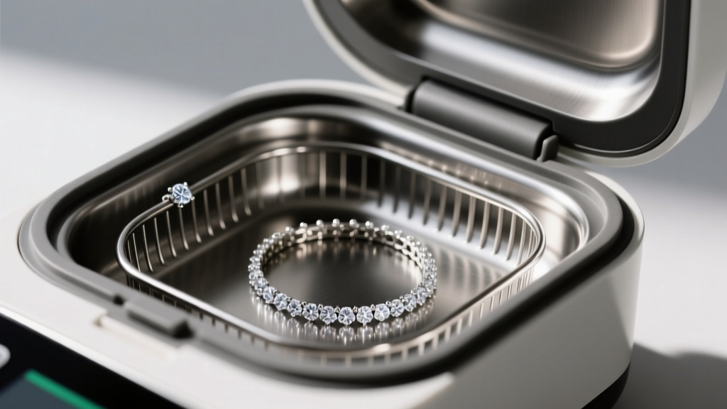 Side profile of an open compact ultrasonic cleaner revealing a stainless steel basket holding a delicate diamond tennis bracelet