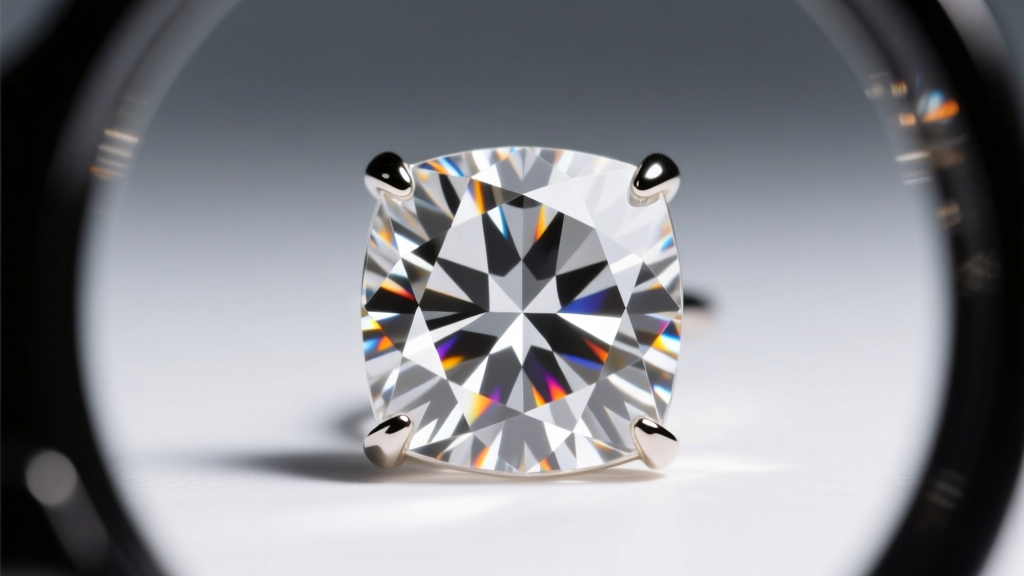 Loupe view of an asscher cut diamond earring revealing the windmill facet pattern and crisp clarity under bright studio lighting.