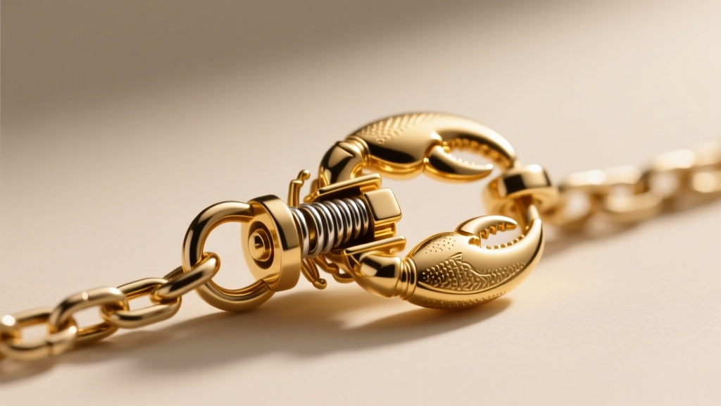 Macro shot of a 12mm cast gold lobster clasp on a 1.5mm rolo chain extender, showcasing the precise mechanical spring mechanism