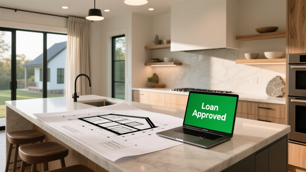 Architectural blueprints for a 2400 square foot modern farmhouse on a kitchen island next to a laptop showing loan approval