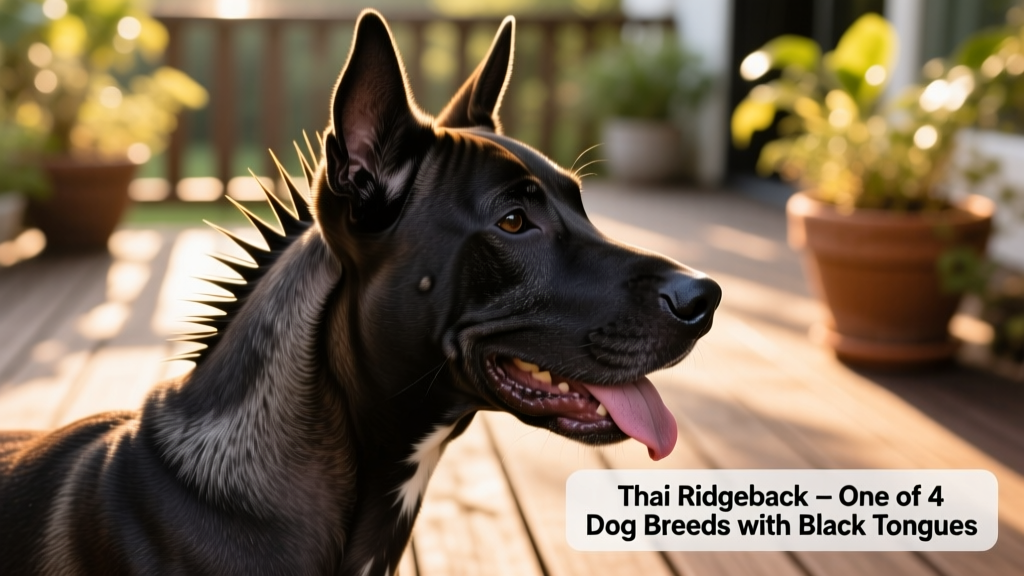 Close-up portrait of a Thai Ridgeback showing its distinctive ridge and visible dark tongue
