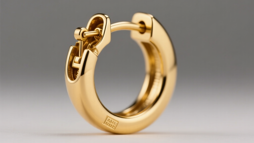 Render showing internal micro-pin hinge mechanism of a 16 gauge 14k yellow gold one inch hoop earring under studio lighting