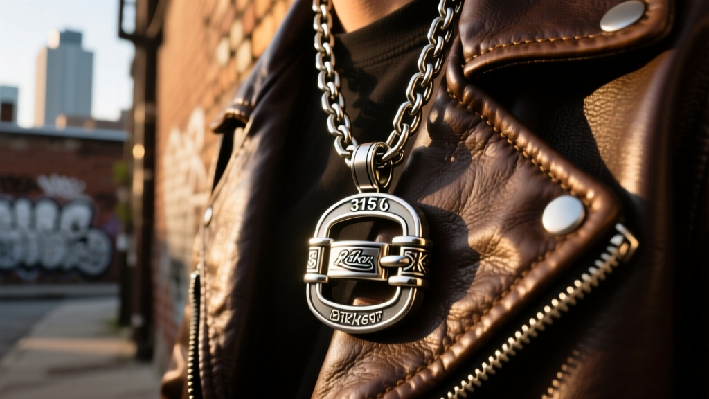 Close-up of a chunky 316L stainless steel biker buckle pendant on a thick curb chain, worn over a dark leather jacket outdoors.