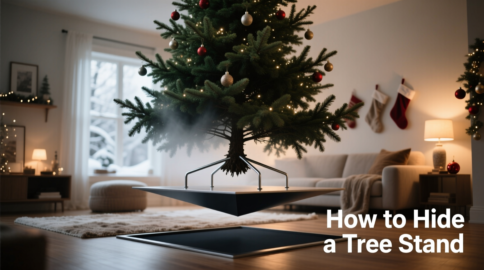 how to hide the stand of a christmas tree for a floating illusion effect