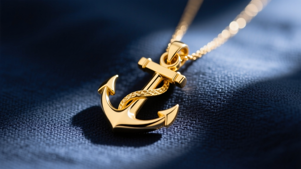 Solid 14k yellow gold anchor pendant on navy linen, lit by soft sunlight to highlight the detailed metal grain and polished curves