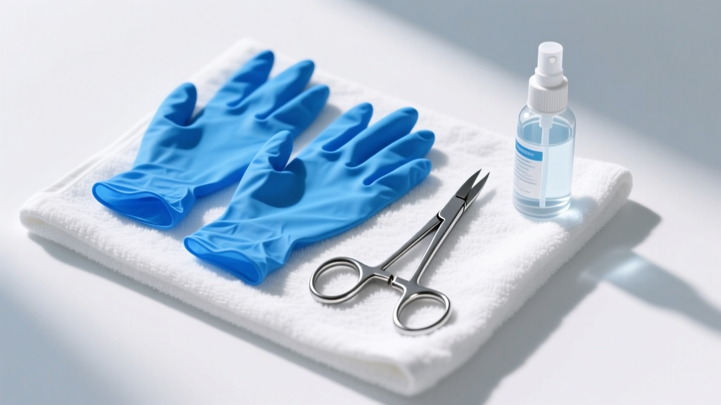 Flat lay of piercing tools including blue nitrile gloves, steel hemostats, and sterile saline spray on a clean white towel