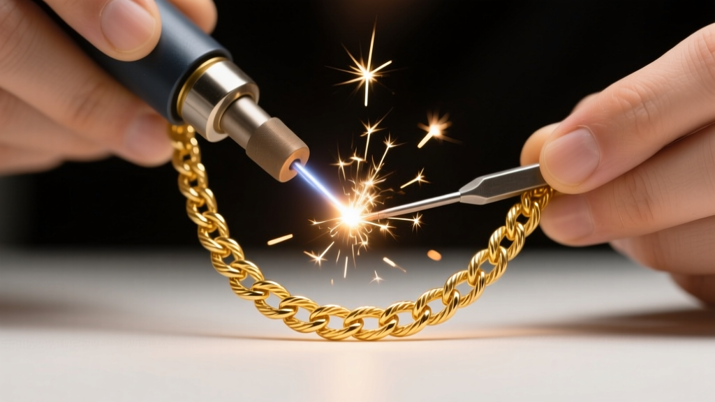 Jeweler using a laser welder to fix a broken 14k solid gold cable necklace chain, with tiny sparks visible under magnification.