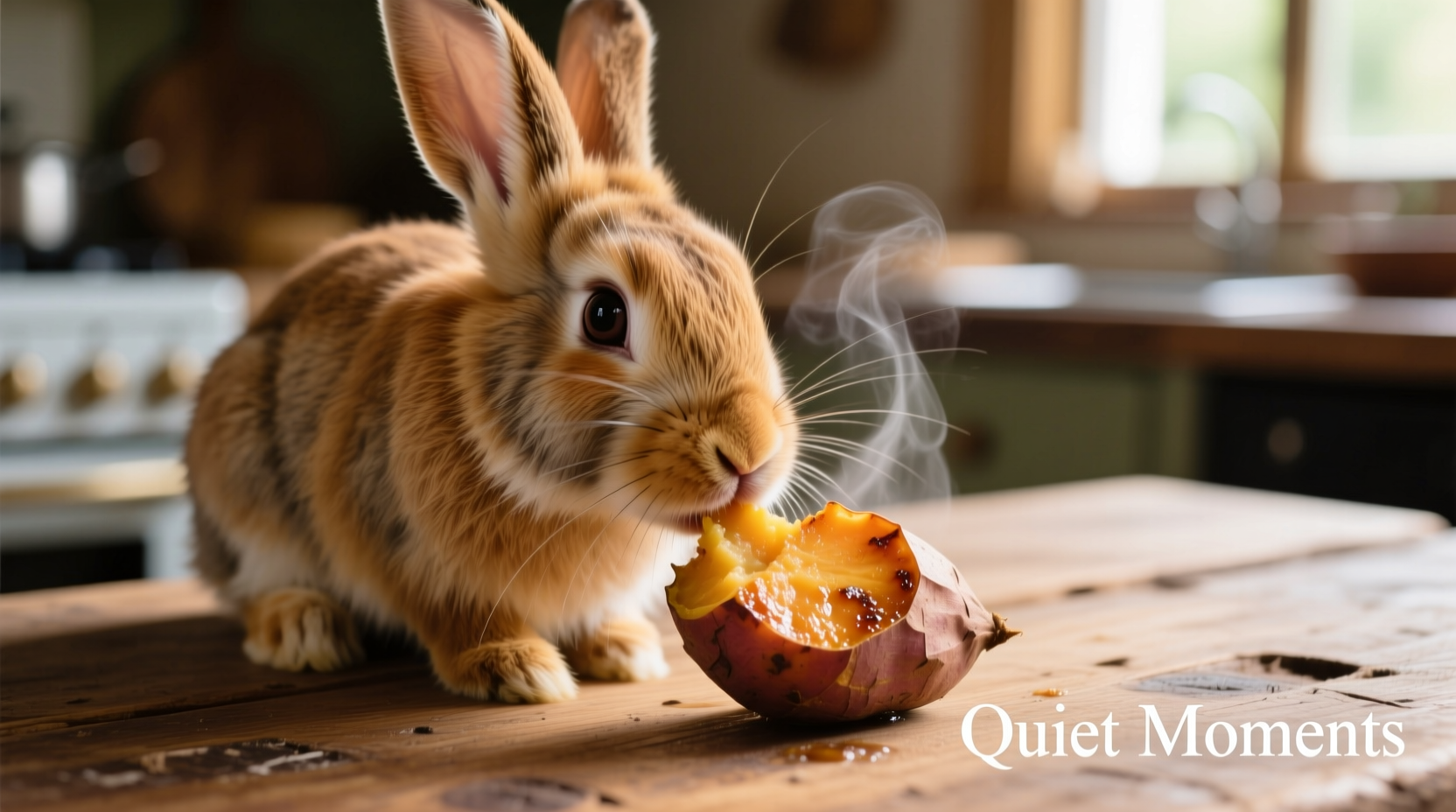Rabbit carefully nibbling small piece of cooked sweet potato