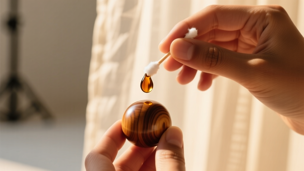 Hands applying a drop of sandalwood oil onto a polished tulasi wood bead using a soft cotton swab under warm, natural sunlight.