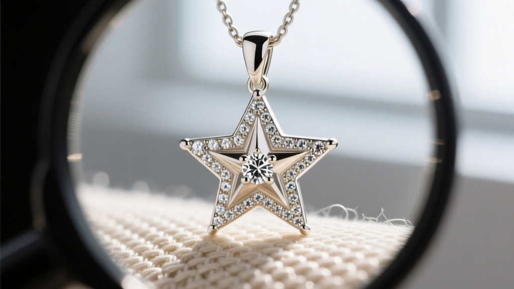 Loupe view of a white gold star pendant with loose pavé diamonds, showing bent micro-prongs catching on a woven fabric thread.