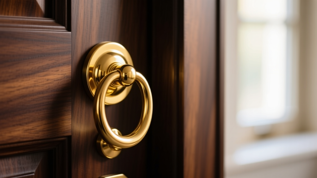 Close-up of a luxury solid brass door knocker with 24k gold PVD coating, mounted on a dark walnut entry door in soft natural light