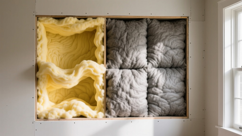 Cross-section of a framed wall showing expanding yellow spray foam on the left and dense grey mineral wool batts on the right.