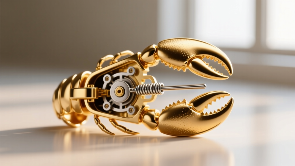 Macro photography of a disassembled 14k gold lobster claw clasp showing the internal steel trigger spring and lever pin