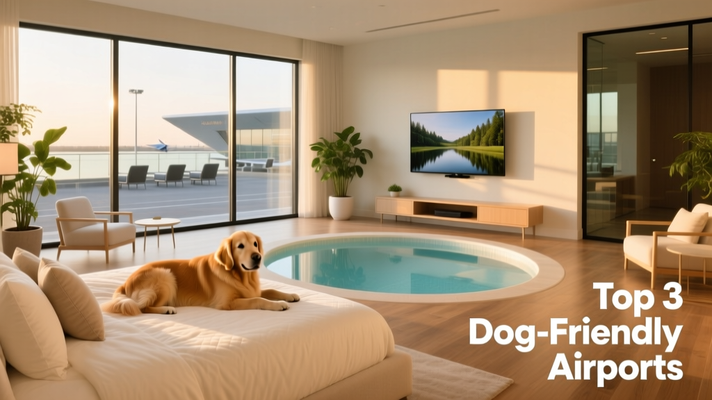 A modern, airy pet resort suite with a dog resting on a plush bed, a small pool nearby, and a flat-screen TV mounted on the wall