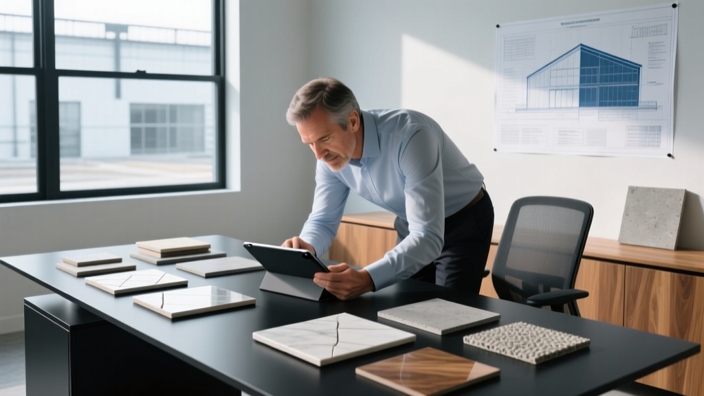 Quantity surveyor reviewing digital floor finish cost plans and material samples on a commercial construction site desk