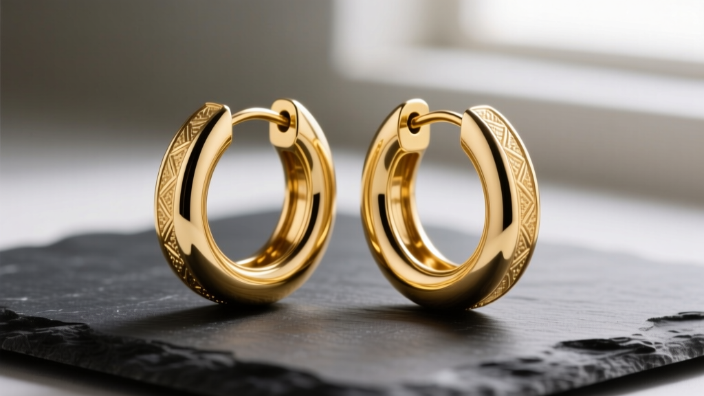 Macro photo of 14k yellow gold small thick hoop earrings with a seamless clicker closure, resting on a dark slate surface
