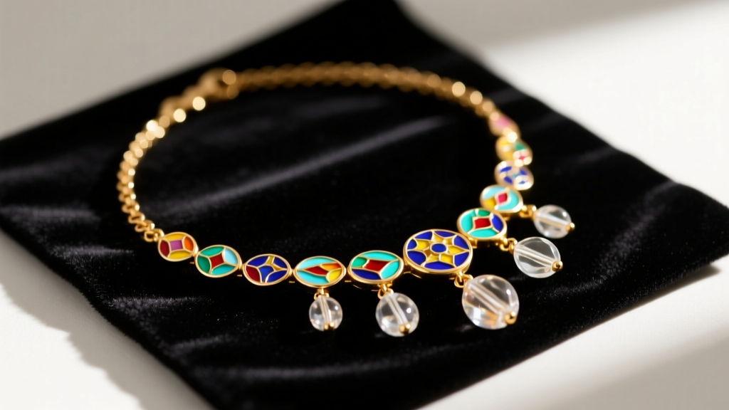 Close-up of a gold-plated brass necklace with colorful enamel and glass charms resting on a dark velvet jewelry cleaning mat.