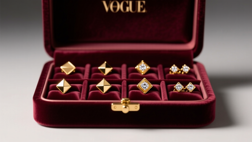 Open velvet jewelry box with 14k gold stud earrings in individual slots, illuminated by warm, soft directional studio lighting.