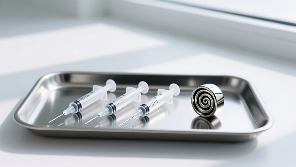Sterile piercing setup showing single-use needles and titanium conch jewelry resting on a medical-grade steel tray.