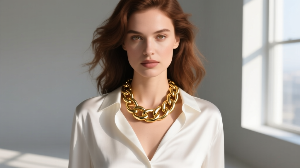 Woman wearing a chunky Givenchy gold-tone chain necklace over a white silk blouse, highlighting the polished interlocking clasp