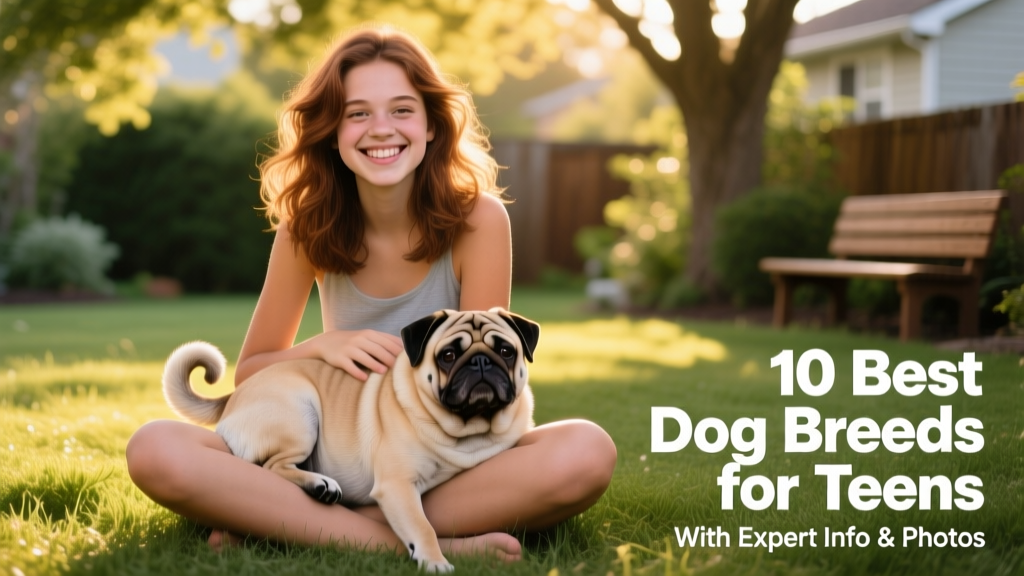 A smiling teen sitting on grass with a wrinkled-faced Pug resting comfortably on their lap